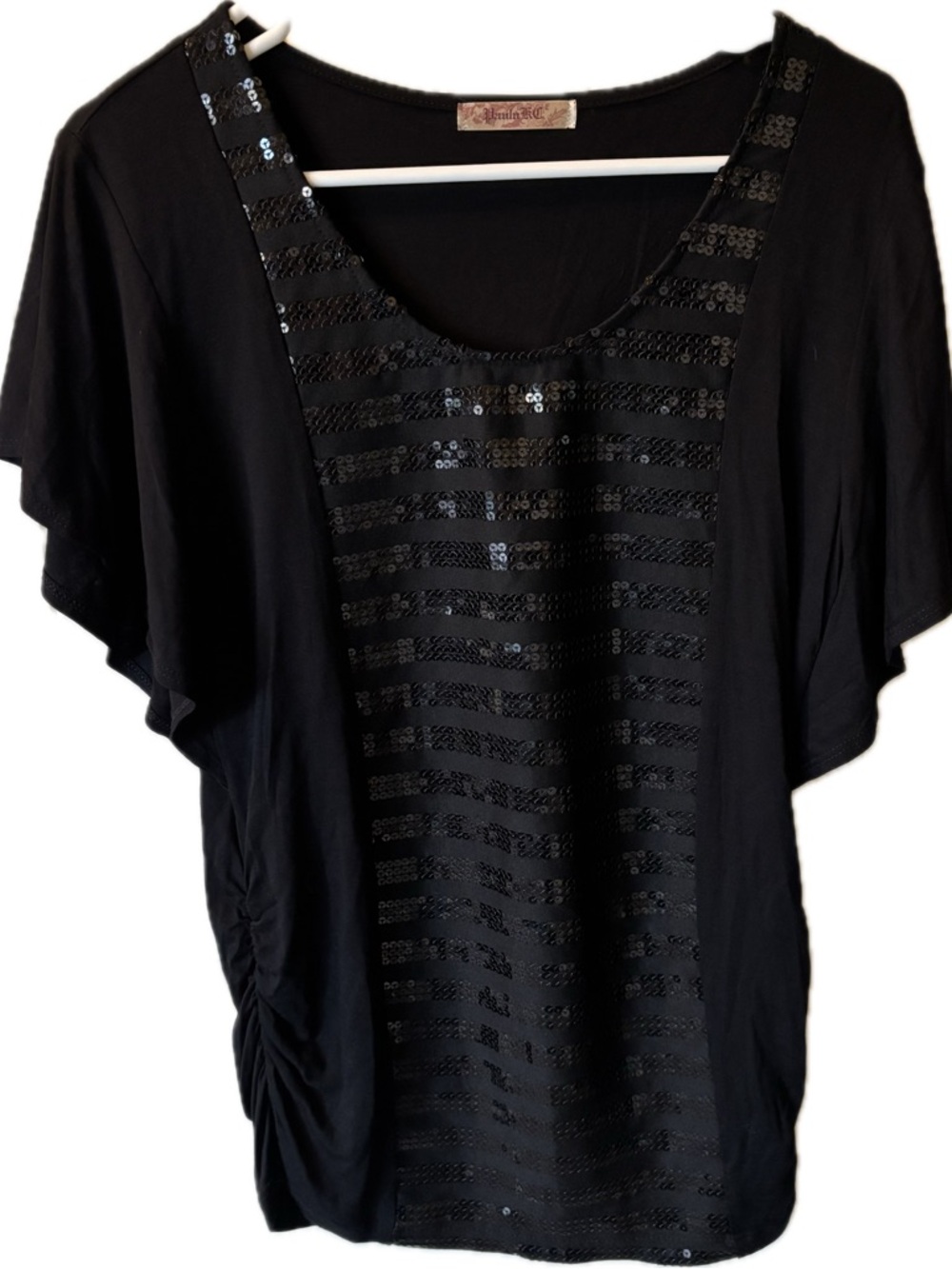 E98 PaulnKC Black Sequin-Front Women's Top, Size L
